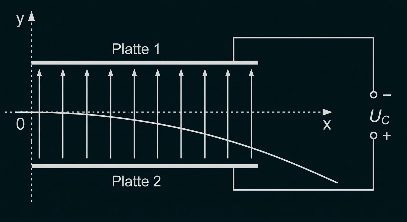 Schematische Darstellung eines Kondensators mit zwei Platten und Spannungsanschluss