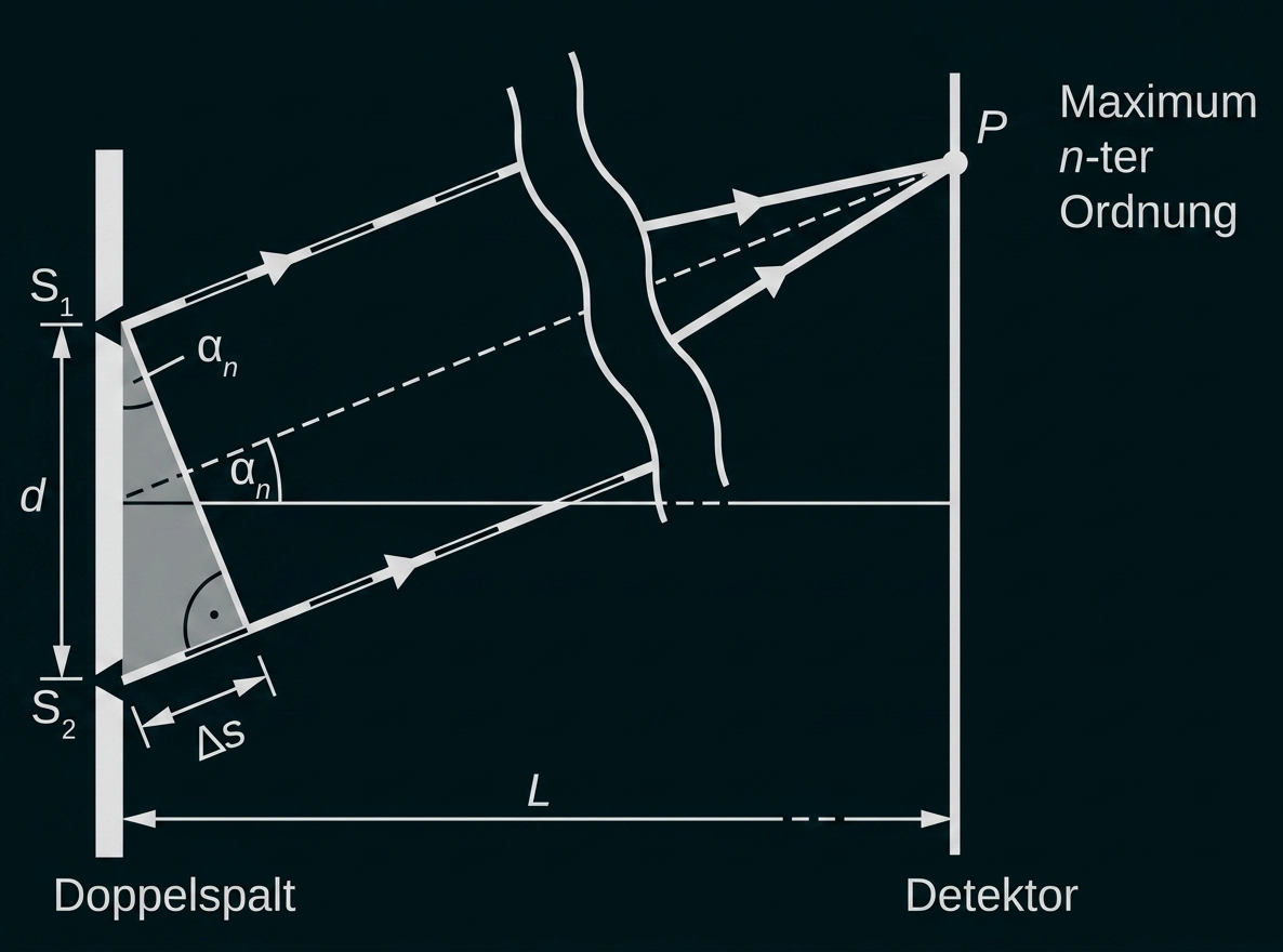 Schematische Darstellung eines Doppelspalt-Experiments mit Strahlen, Gangdifferenz Δs, Winkeln und Detektor