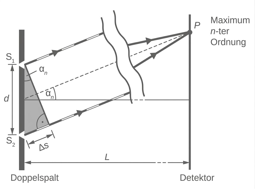 Schematische Darstellung eines Doppelspalt-Experiments mit Strahlen, Gangdifferenz Δs, Winkeln und Detektor