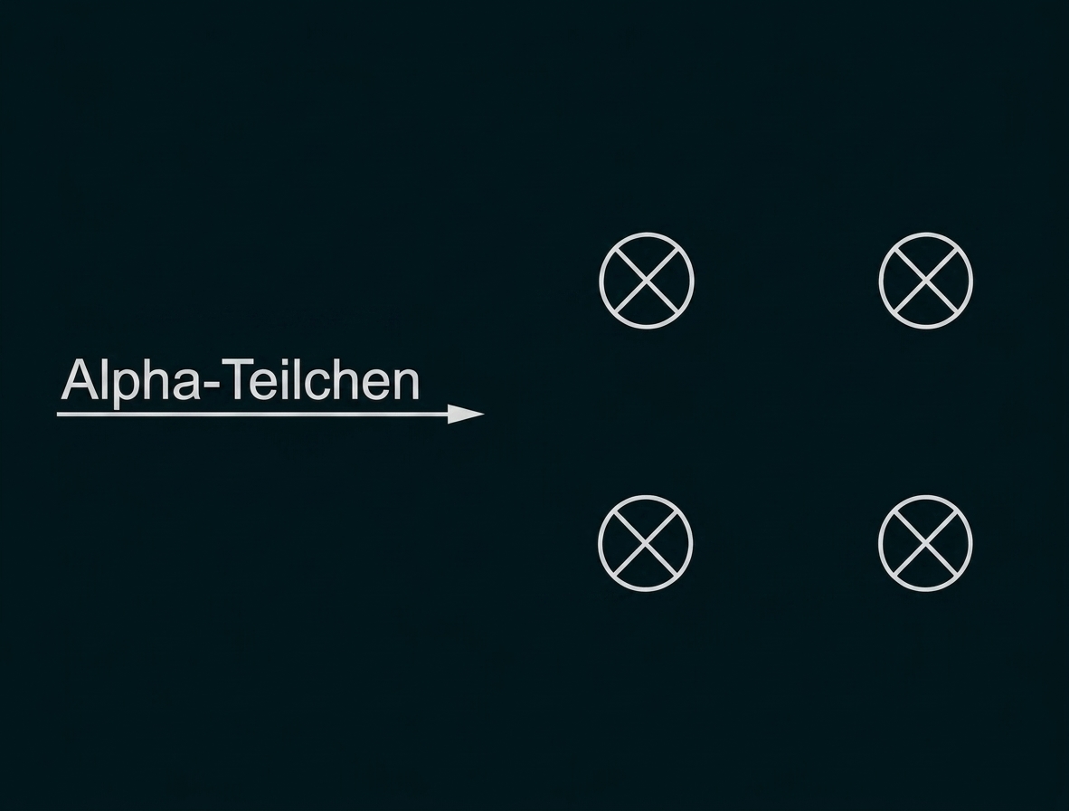 Alpha-Teilchen mit Pfeil nach rechts und vier Kreisen mit Kreuz
