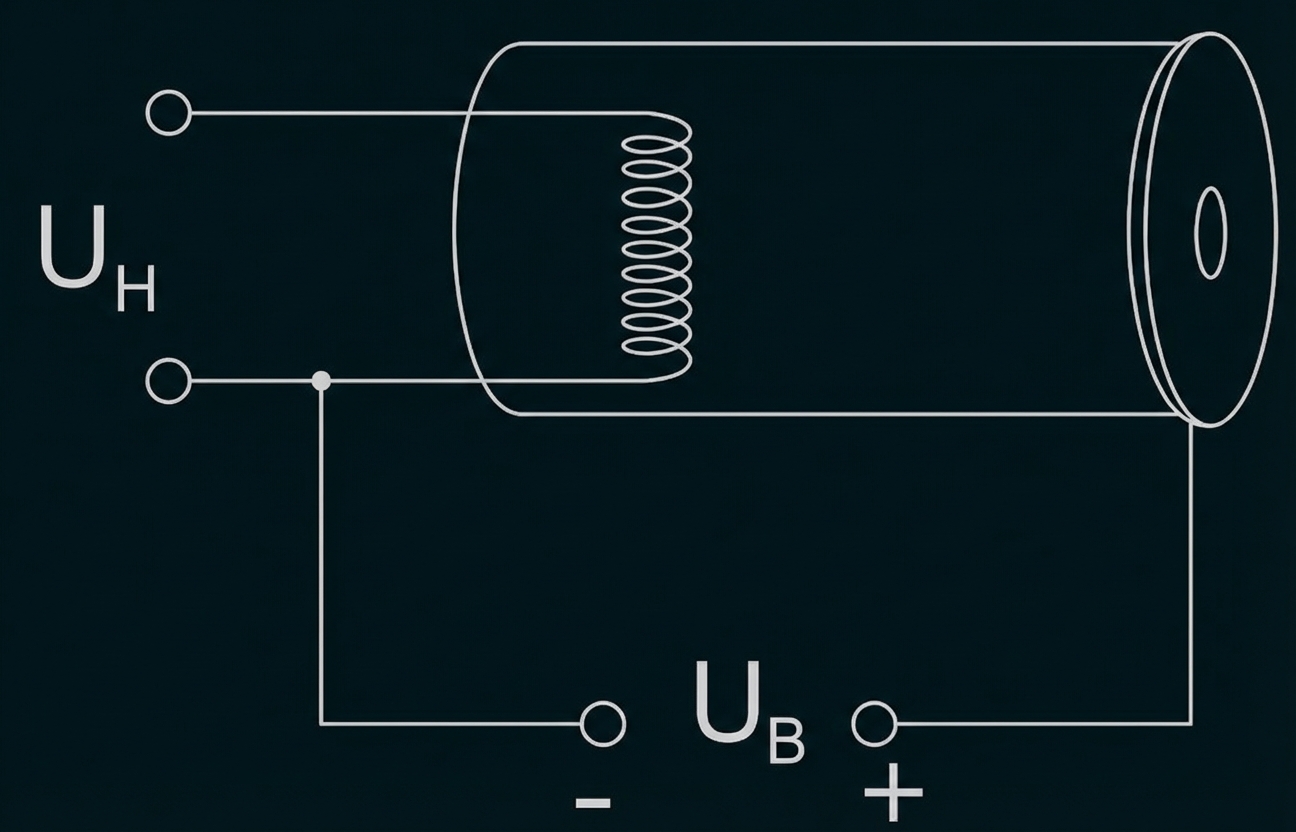 Schaltbild einer Elektronenröhre mit Heizwicklung und Spannungsanschlüssen (UH, UB)