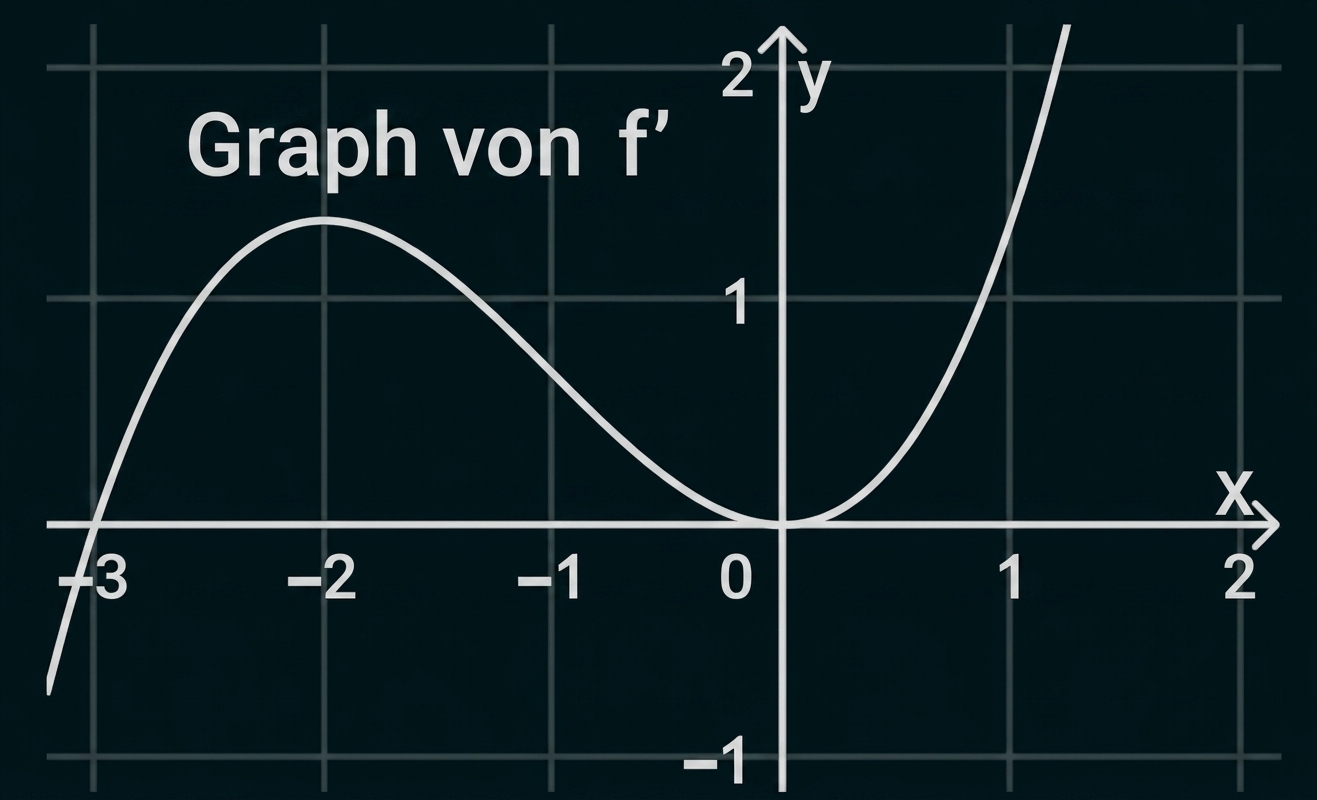 Graph von f' in Koordinatensystem: geschwungene Kurve mit Hochpunkt links, Nullstelle bei x≈0 und steigend rechts