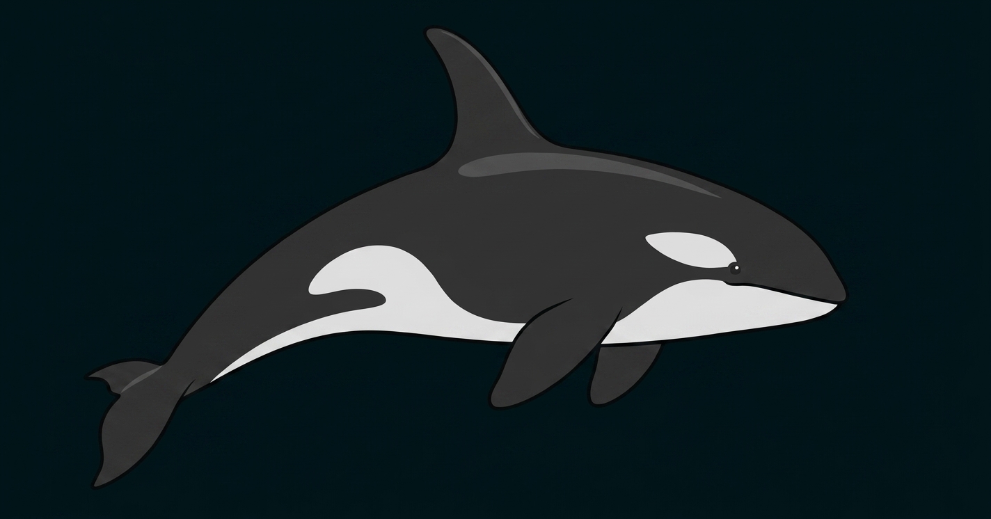 Schwarzer Orca im Wasser, seitlich dargestellt