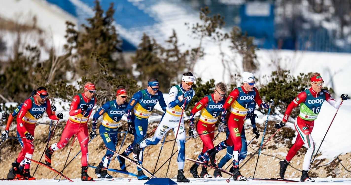 Mehrere Skilangläufer in Rennanzügen fahren dicht beieinander auf verschneiter Loipe