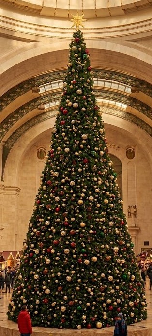 Großer geschmückter Weihnachtsbaum in einer Halle