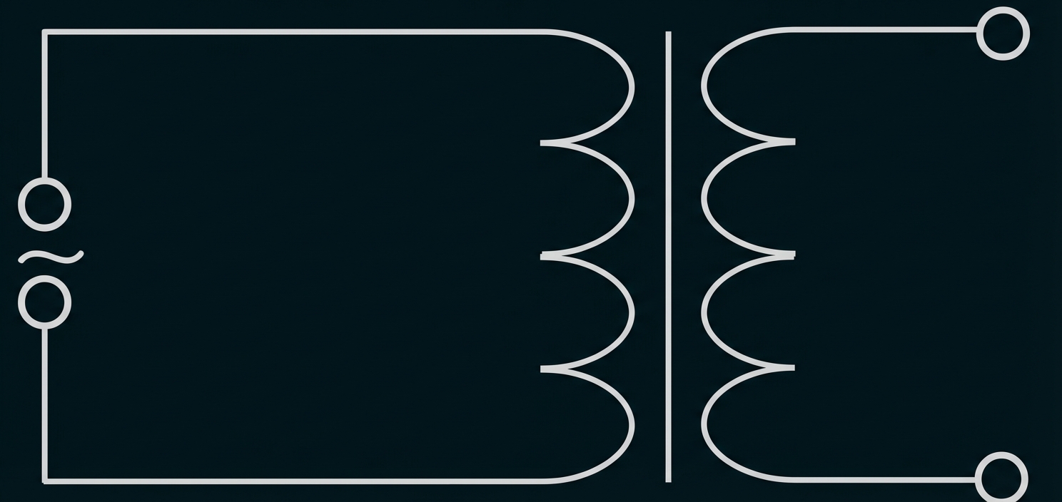 Schaltplansymbol eines Transformators mit Primär- und Sekundärwicklung und Anschlussklemmen