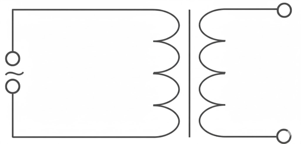 Schaltplansymbol eines Transformators mit Primär- und Sekundärwicklung und Anschlussklemmen