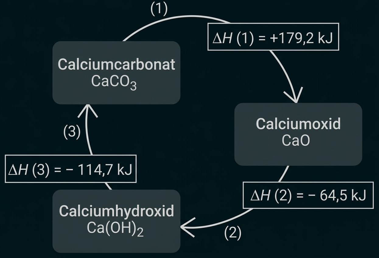 Diagramm mit Reaktionsenthalpien zwischen Calciumcarbonat, Calciumoxid und Calciumhydroxid.
