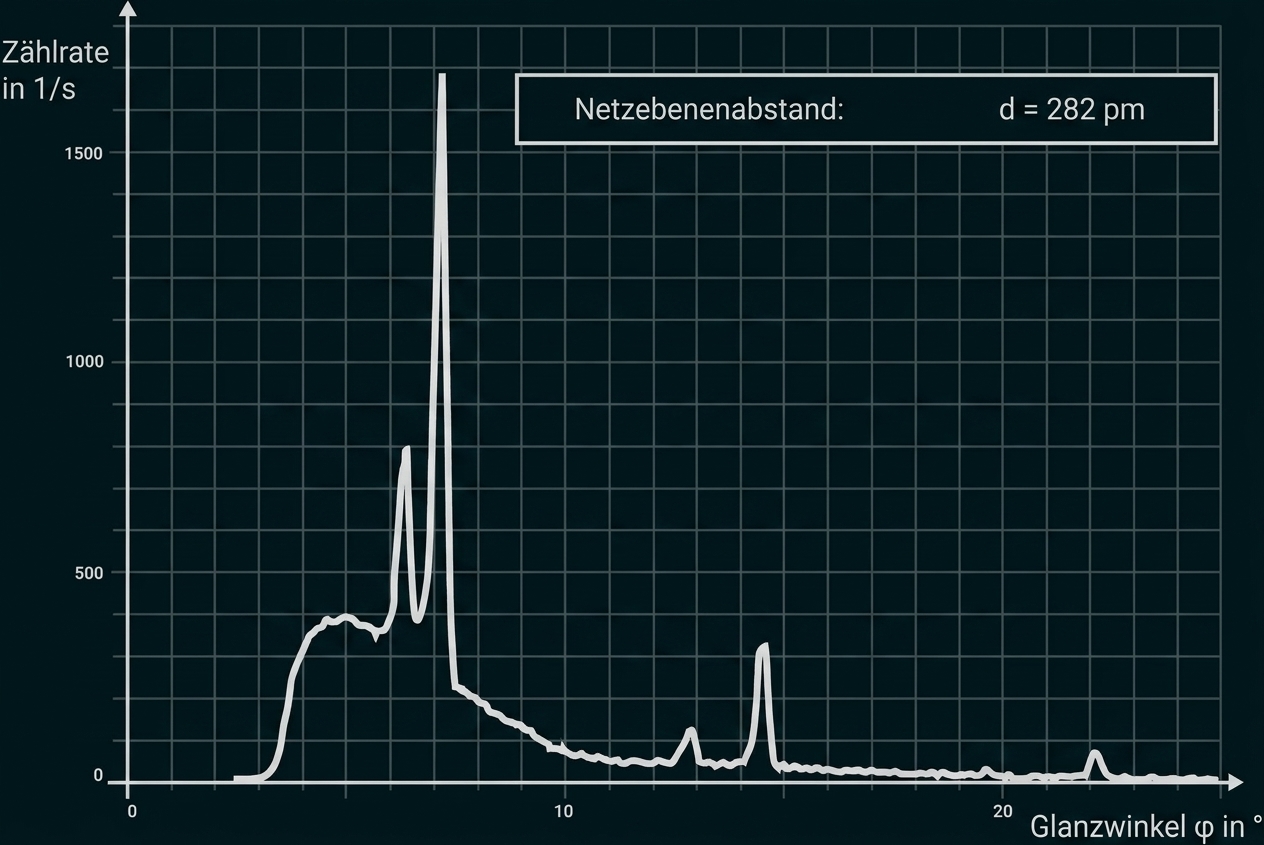Diagramm: Zählrate gegen Glanzwinkel mit mehreren Peaks, Netzebenenabstand d = 282 pm