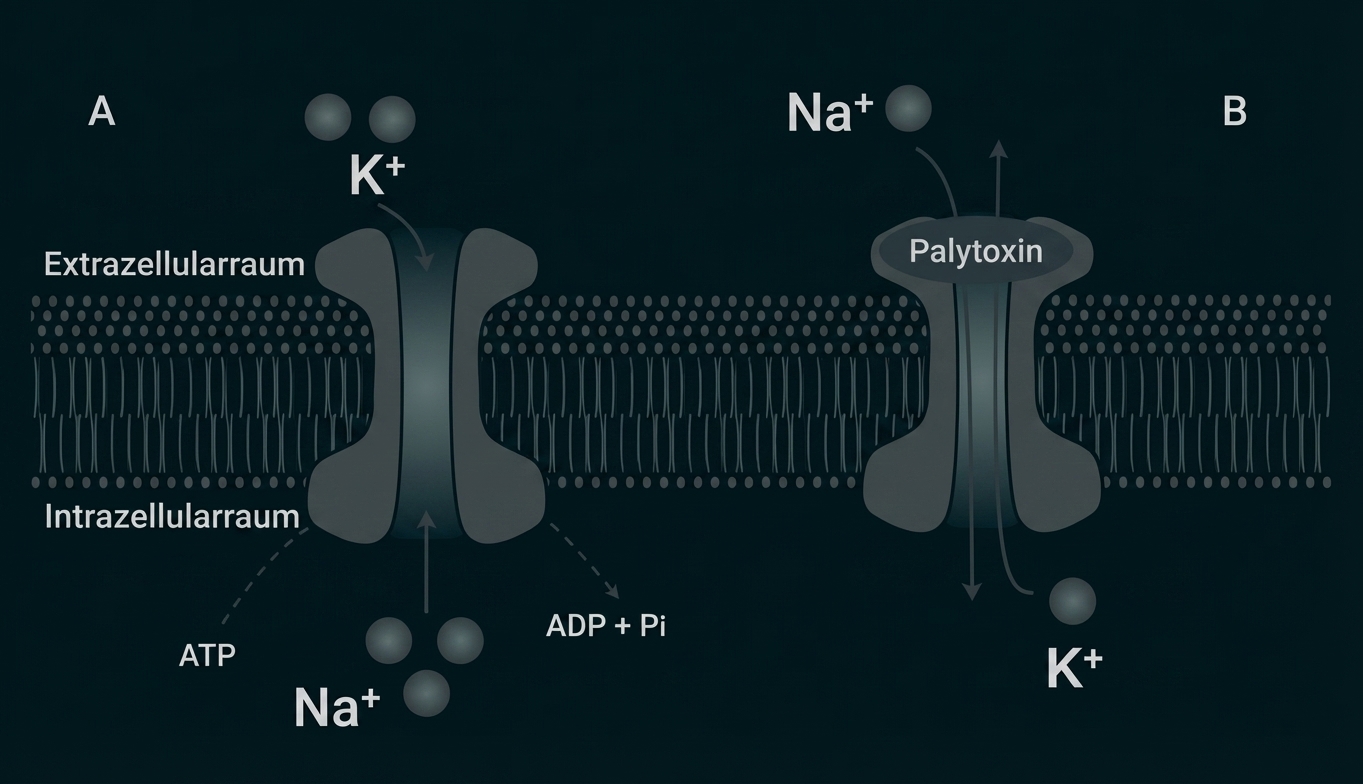 Schematische Zellmembran: links ATP‑abhängige Na+/K+-Pumpe, rechts durch Palytoxin geöffneter Ionenkanal für Na+ und K+.