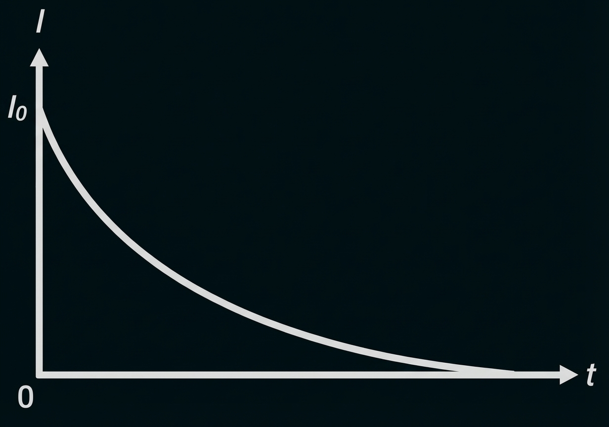 Graph: Exponentieller Abfall der Größe I von I0 gegen 0 über die Zeit t.