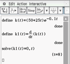 Mathematische Software zeigt Gleichungen und Berechnungen. Definition und Lösung einer Funktion k(t).