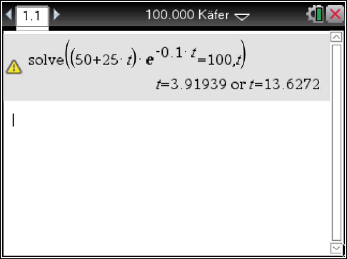 Mathematische Berechnung zur Lösung einer Exponentialgleichung mit Käferpopulation.