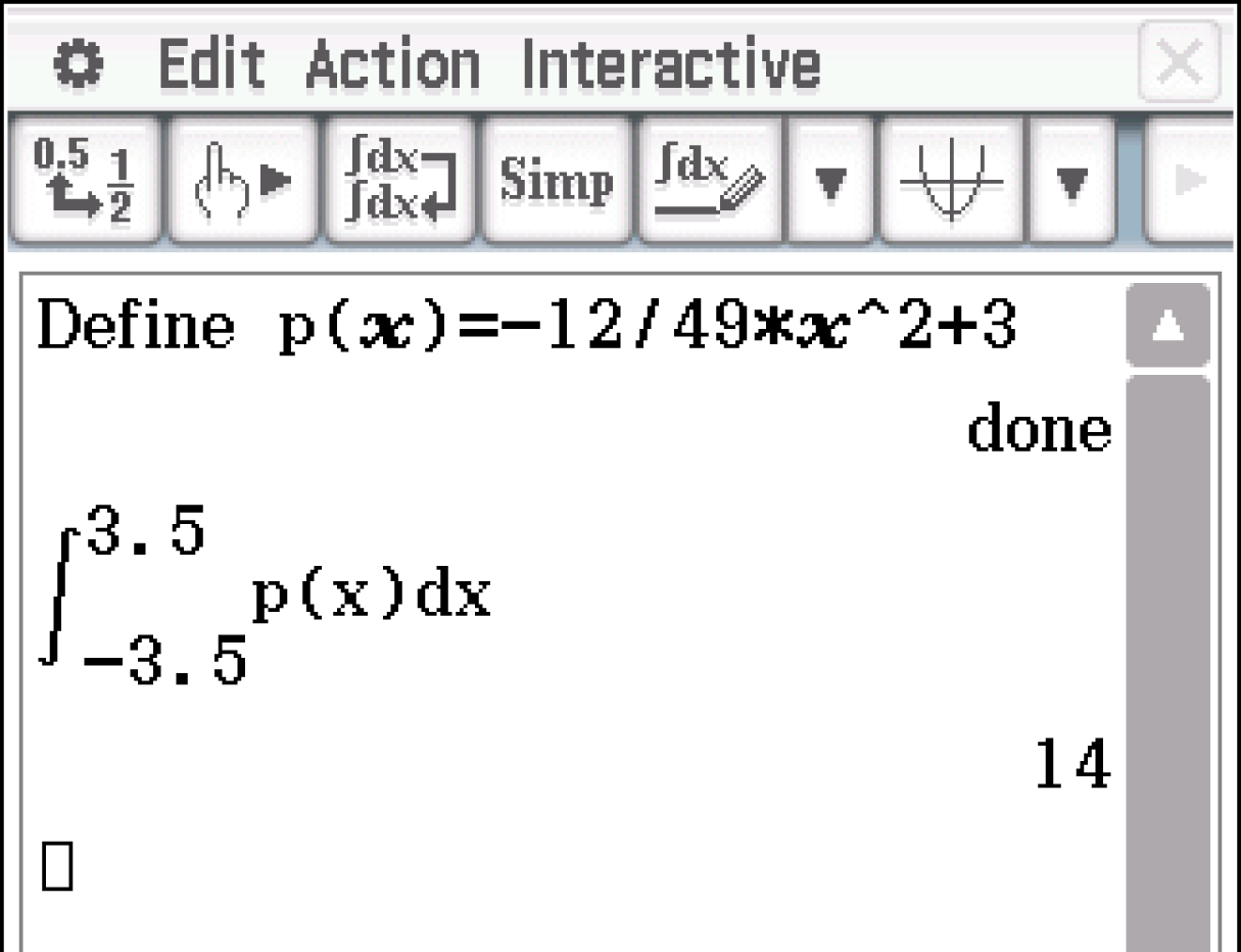 Mathematische Berechnung mit einer Funktion und Integral von -3.5 bis 3.5, Ergebnis ist 14.