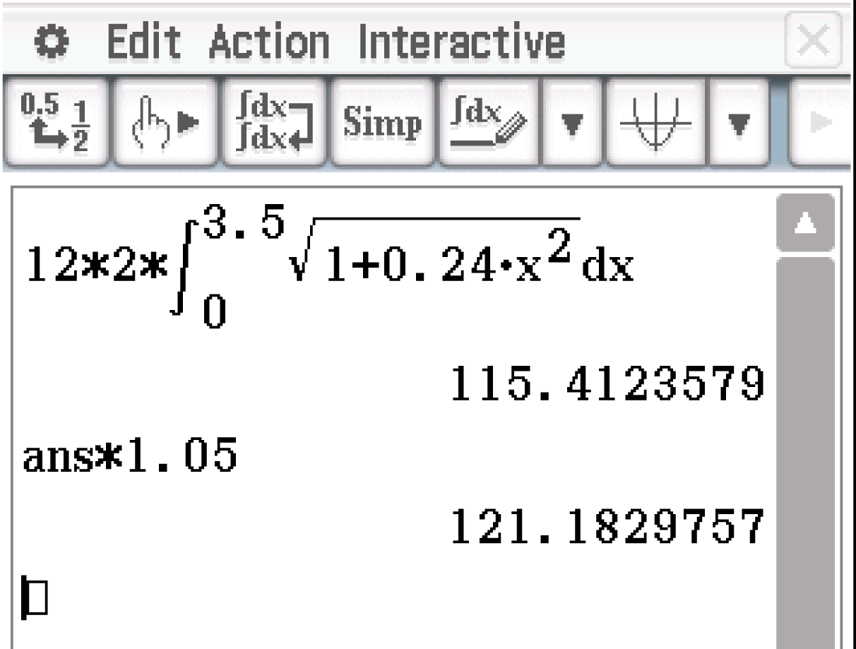 Mathematische Berechnung mit Integral und Wurzel in einem Texteditor. Ergebnisse sind 115.4123579 und 121.1829757.