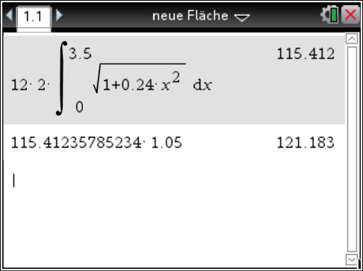 Mathematische Berechnung mit Integral und Wurzelausdrücken in einem Software-Interface.