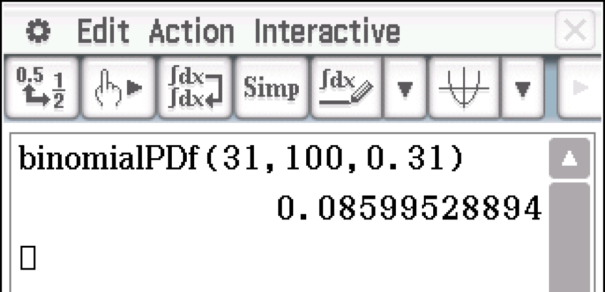 Mathematische Berechnung mit binomialPDFF und Ergebnisdarstellung.