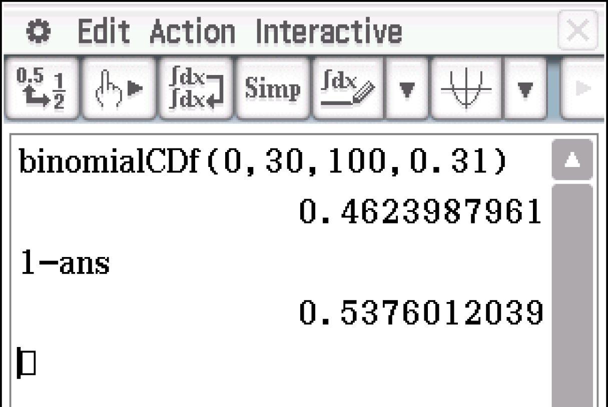 Screenshot einer Berechnung mit der binomialCDF-Funktion in einer mathematischen Software.