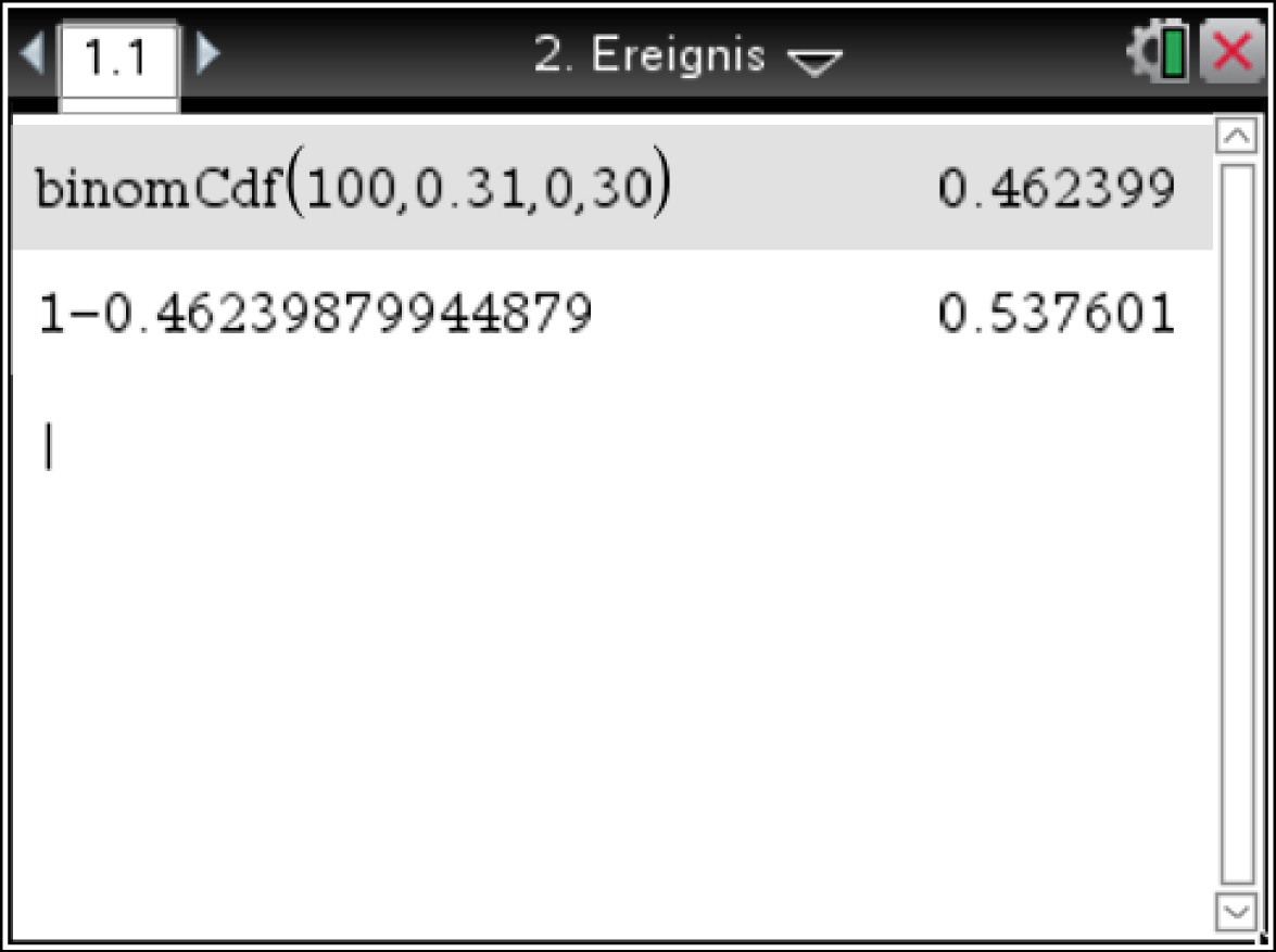 Mathematische Berechnungen mit binomialer Verteilung, Ergebnisse angezeigt in einer Software-Oberfläche.