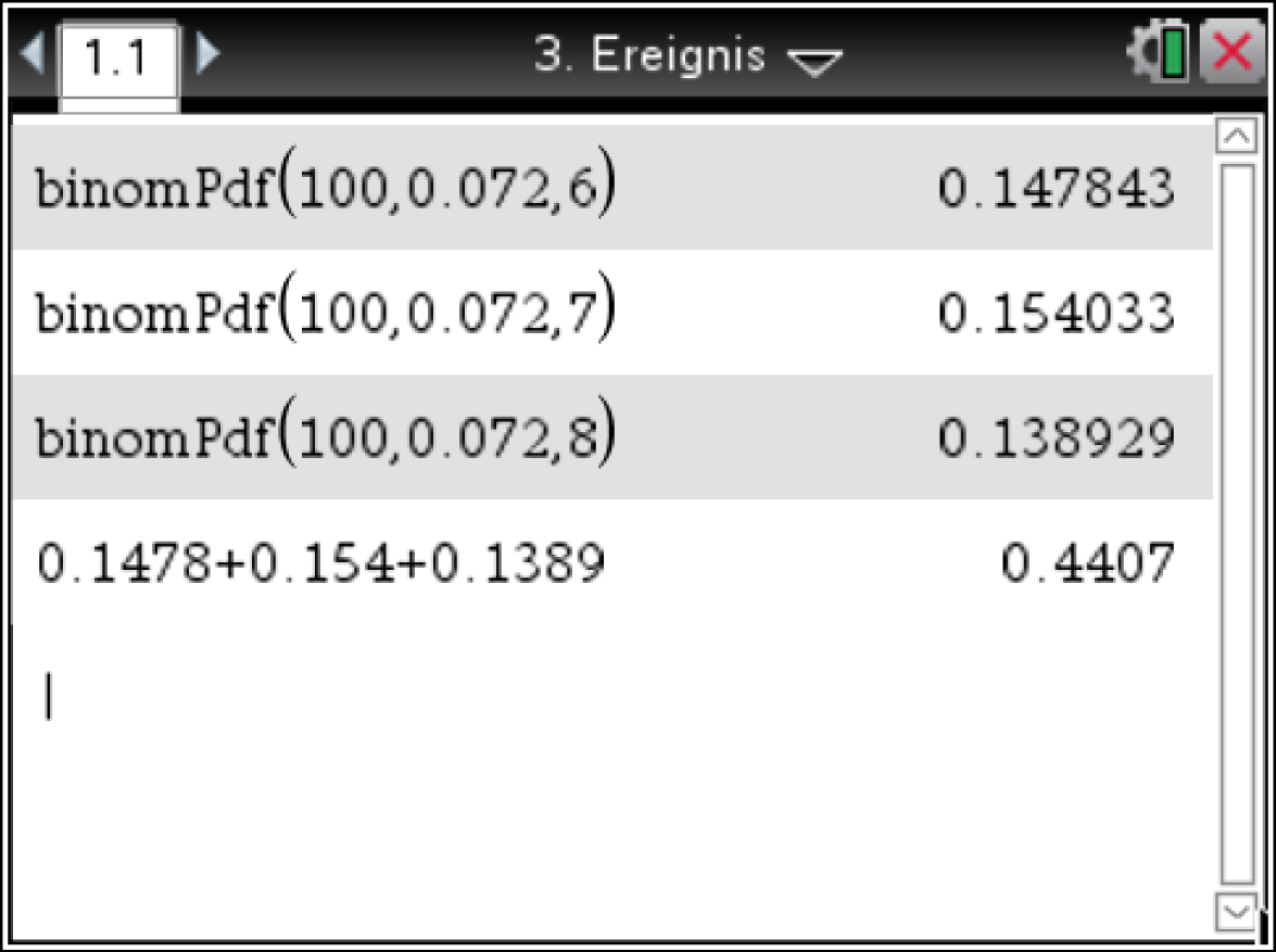 Tabelle mit Berechnungen zur Binomialverteilung und summierten Ergebnissen.