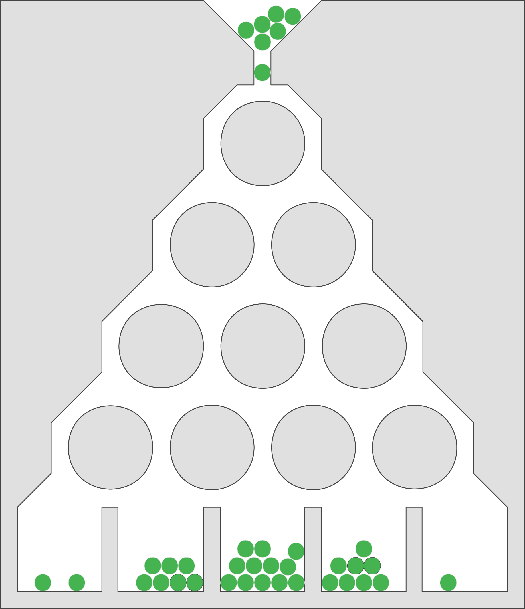 Grüne Kugeln fallen durch eine Struktur in Form eines Pyramidenstapels.