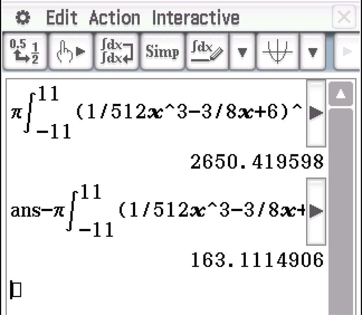 Mathematische Berechnungen mit Integralen und Ergebnissen auf einem Grafik- oder Mathematikprogramm.