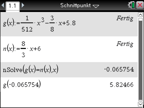 Mathematische Berechnungen mit Funktionen und Schnittpunkten in einem Software-Interface.