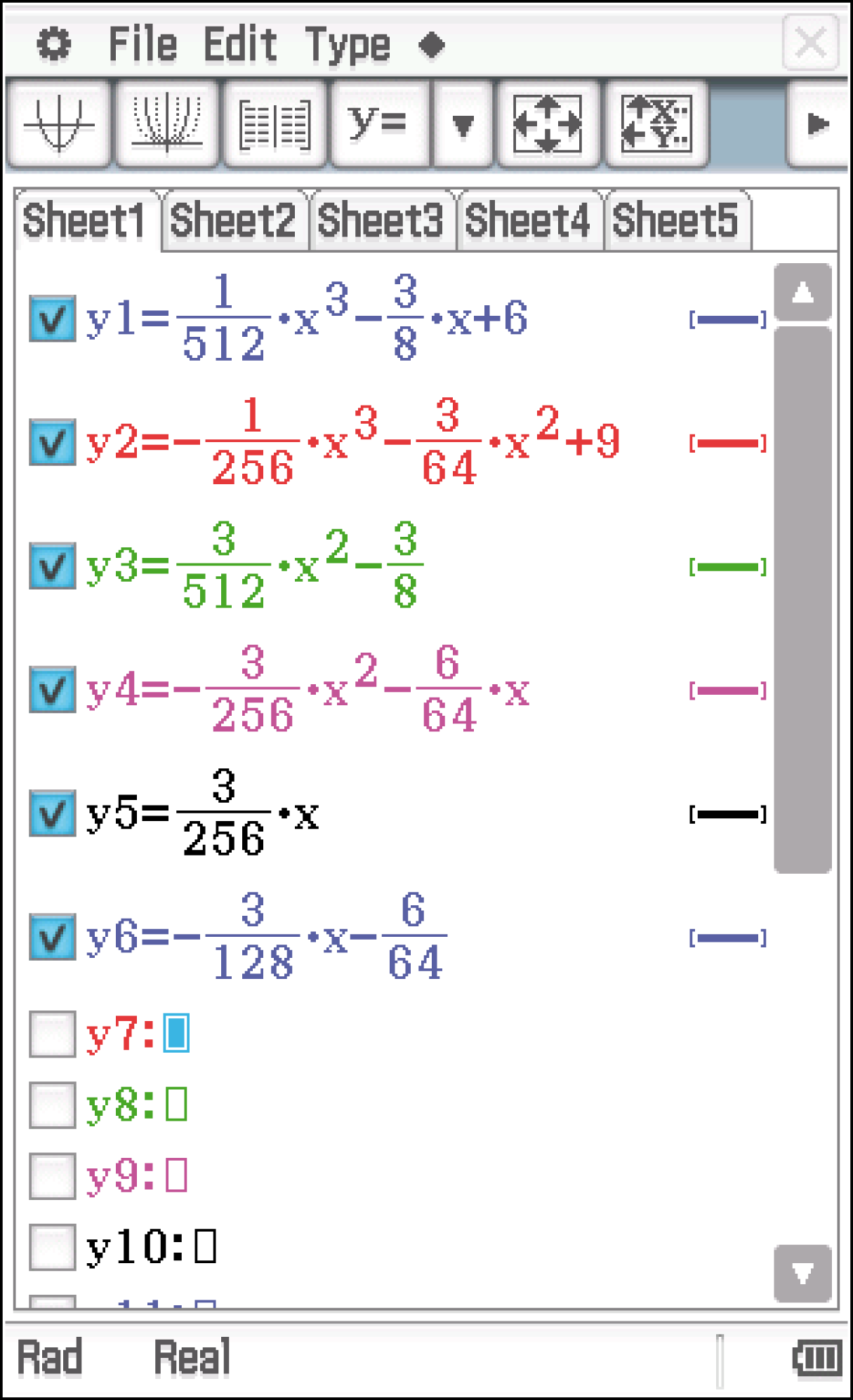 Mathematische Gleichungen in einer Software-Oberfläche mit mehreren Arbeitsblättern und Funktionen zur Bearbeitung.