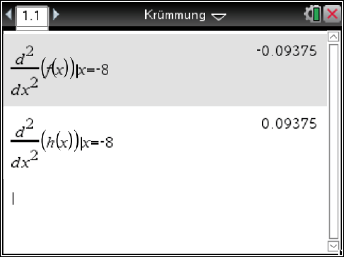 Mathematische Darstellung der Krümmung für die Funktionen f(x) und h(x) bei x = -8.