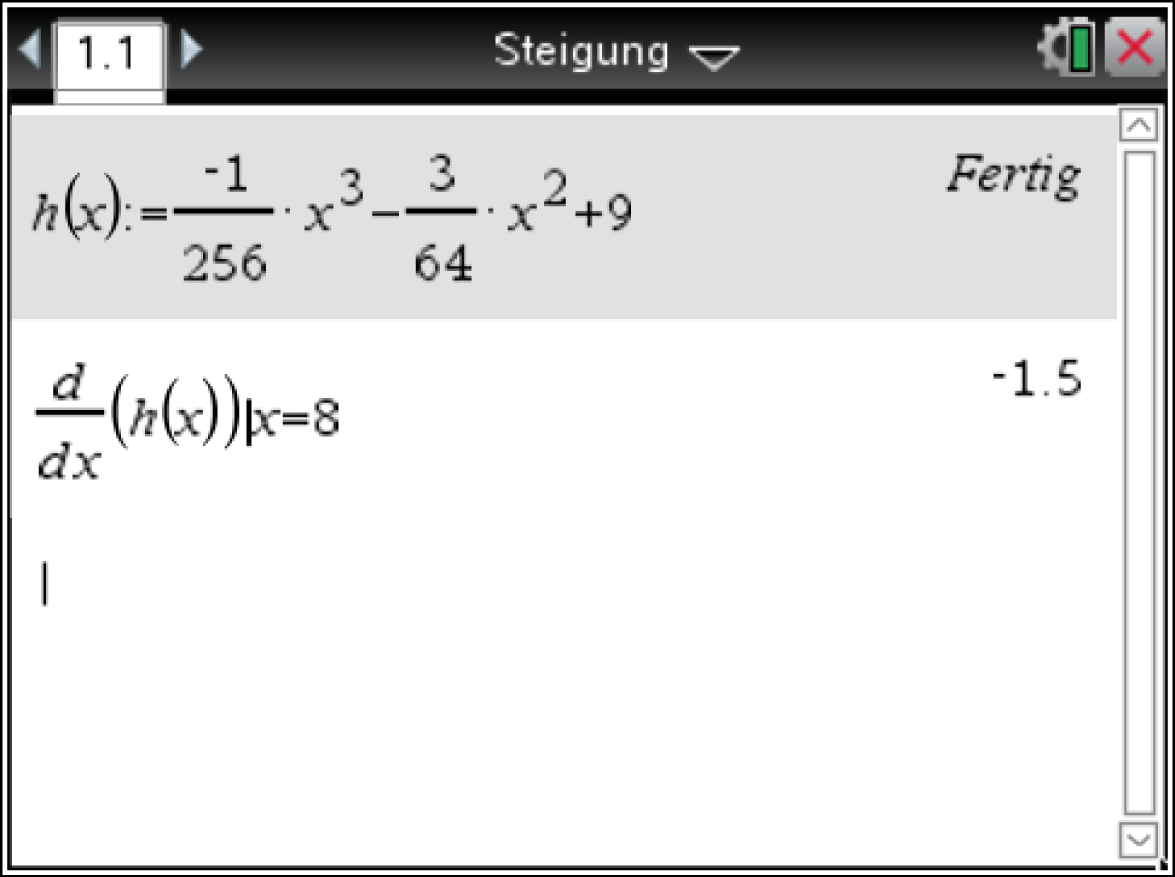 Mathematische Formel zur Ableitung einer Funktion und Berechnung der Steigung an einer bestimmten Stelle.