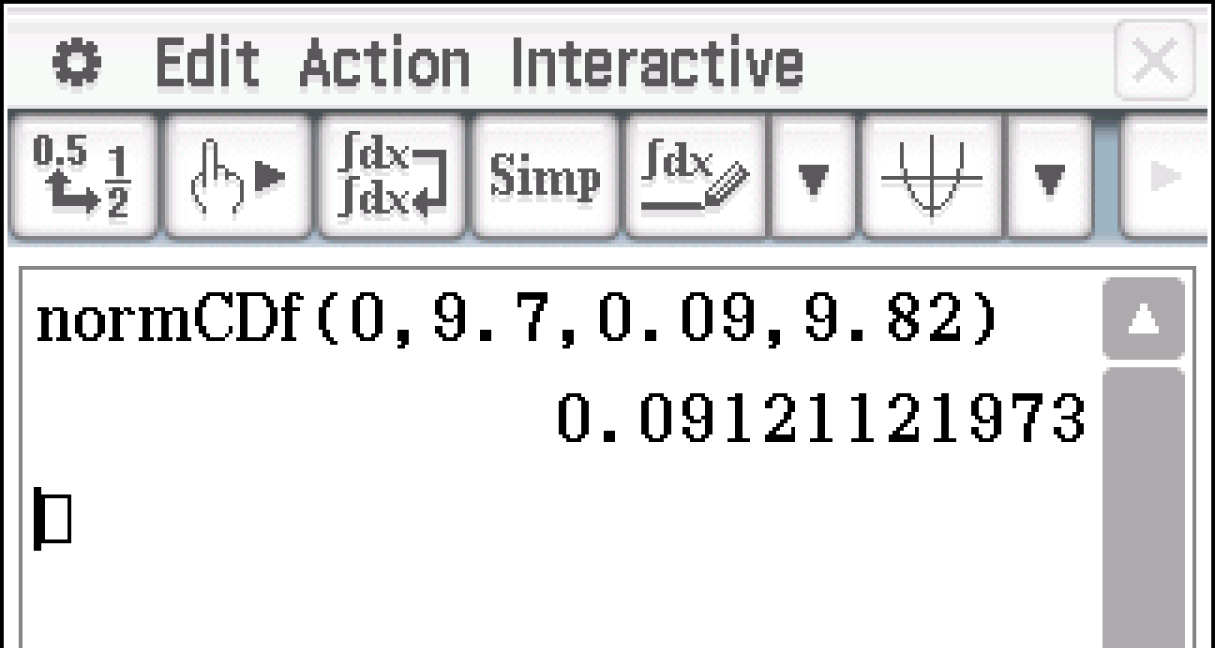 Berechnung der normCDF-Funktion mit Werten und Ergebnis in einer mathematischen Software.