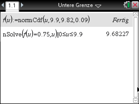 Mathematische Berechnungen auf einem Bildschirm mit Funktionen zur Normalverteilung und Gleichungslösungen.