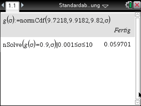 Mathematische Berechnung mit normCDF und nSolve in einer Softwareanwendung.