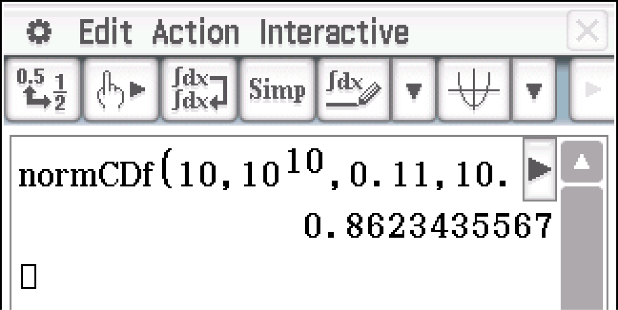 Mathematische Berechnung mit normCDF-Funktion und Ergebnissen auf einem Bildschirm.