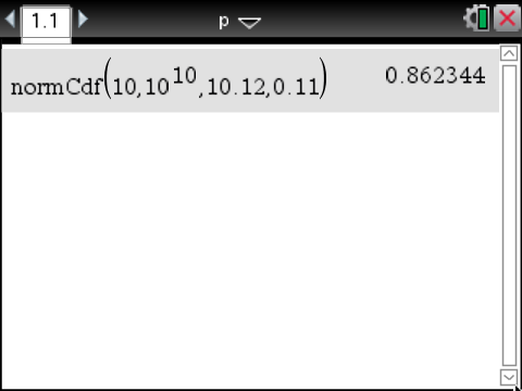 Screenshot einer Berechnung mit der Funktion normCdf in einem mathematischen Programm.