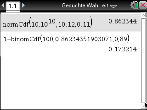Screenshot einer mathematischen Berechnung mit Funktionen und Ergebnissen.