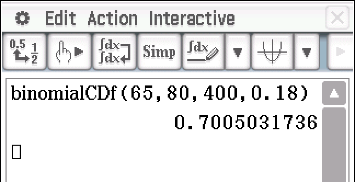 Mathematische Berechnung mit binomialCDF und einem Ergebniswert.