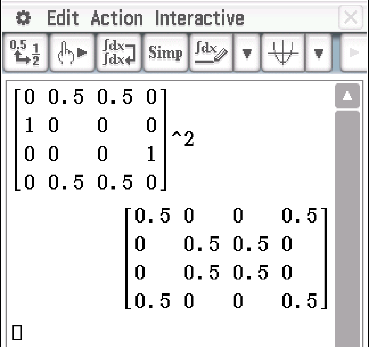 Matrixdarstellung mit Berechnung einer Matrixpotenz in einer mathematischen Software.
