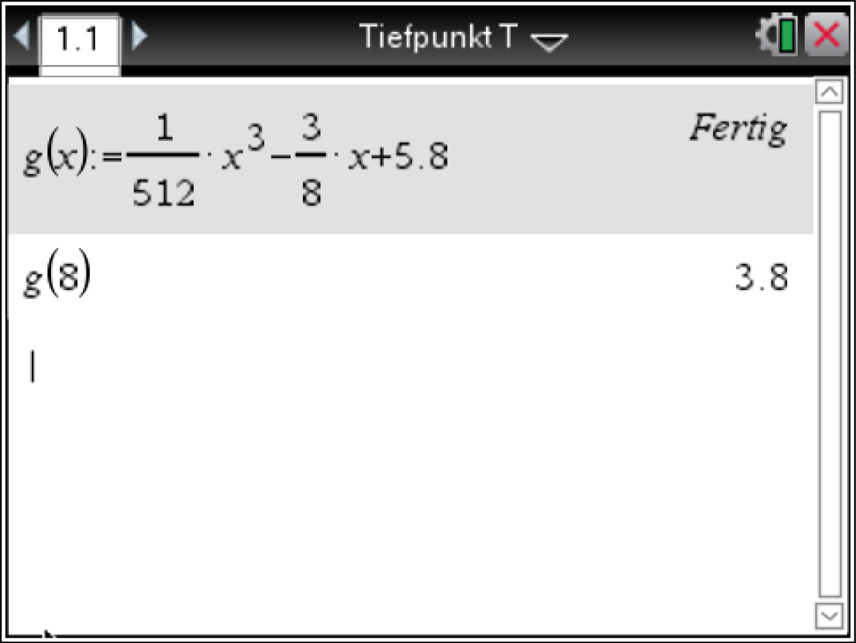 Mathematik-Diagramm mit Funktion und Berechnung von g(8) sowie dem Ergebnis 3.8.