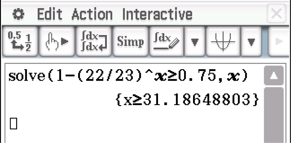 Bildschirmaufnahme eines mathematischen Programms mit einer Gleichung und deren Lösung.