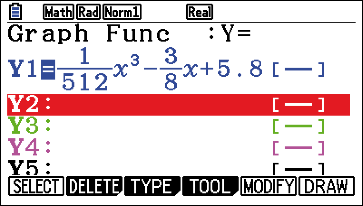 Bildschirm mit mathematischen Funktionen und graphischen Optionen auf einem Taschenrechner.