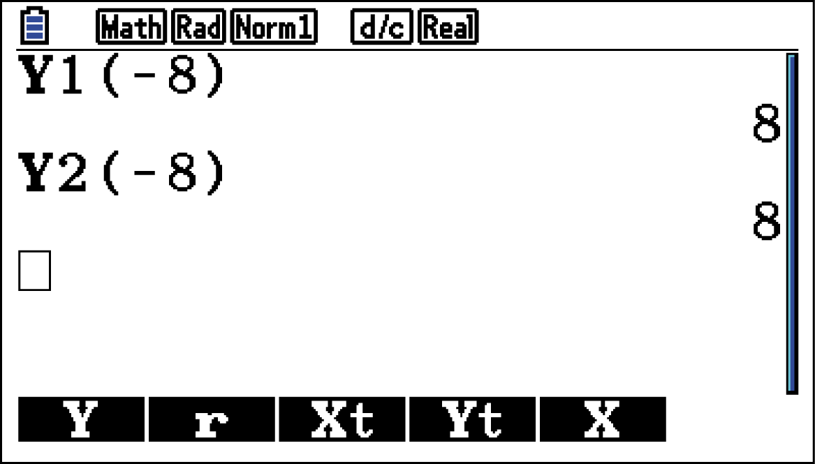 Mathematische Eingabe mit zwei Funktionen Y1 und Y2, beide auf -8 gesetzt.