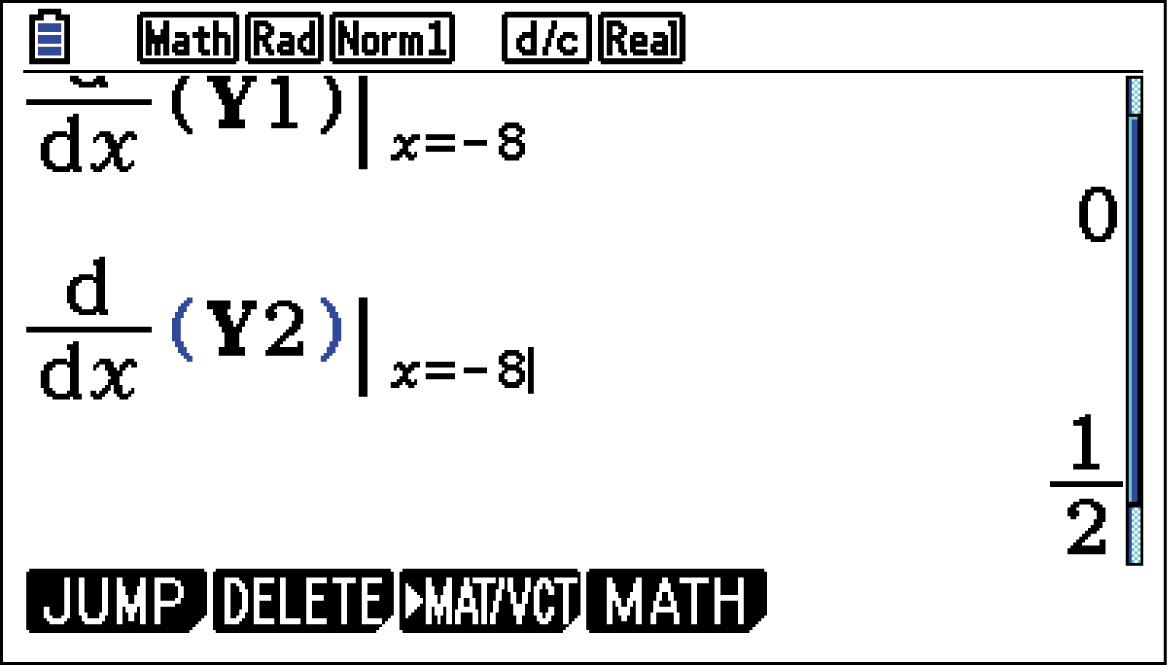 Mathematische Ableitungen für Y1 und Y2 bei x=-8 auf einem Taschenrechner angezeigt.