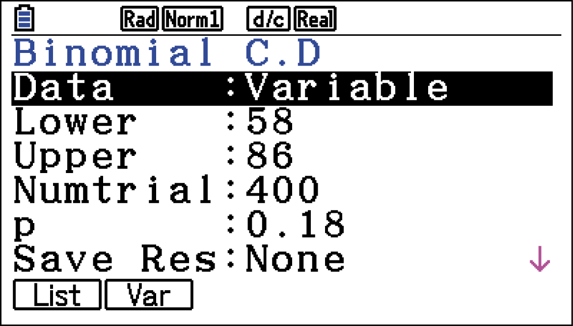Bildschirmansicht einer statistischen Software mit binomialen Daten und verschiedenen Eingabewerten.