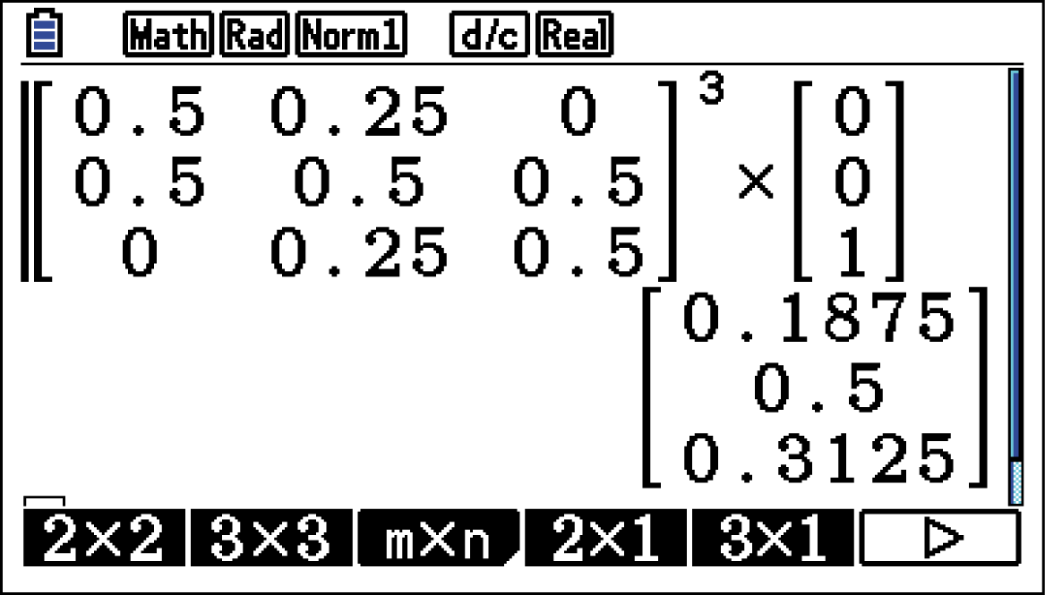 Mathematische Berechnung mit Matrizen auf einem Bildschirm, zeigt Zahlen und Operationen.