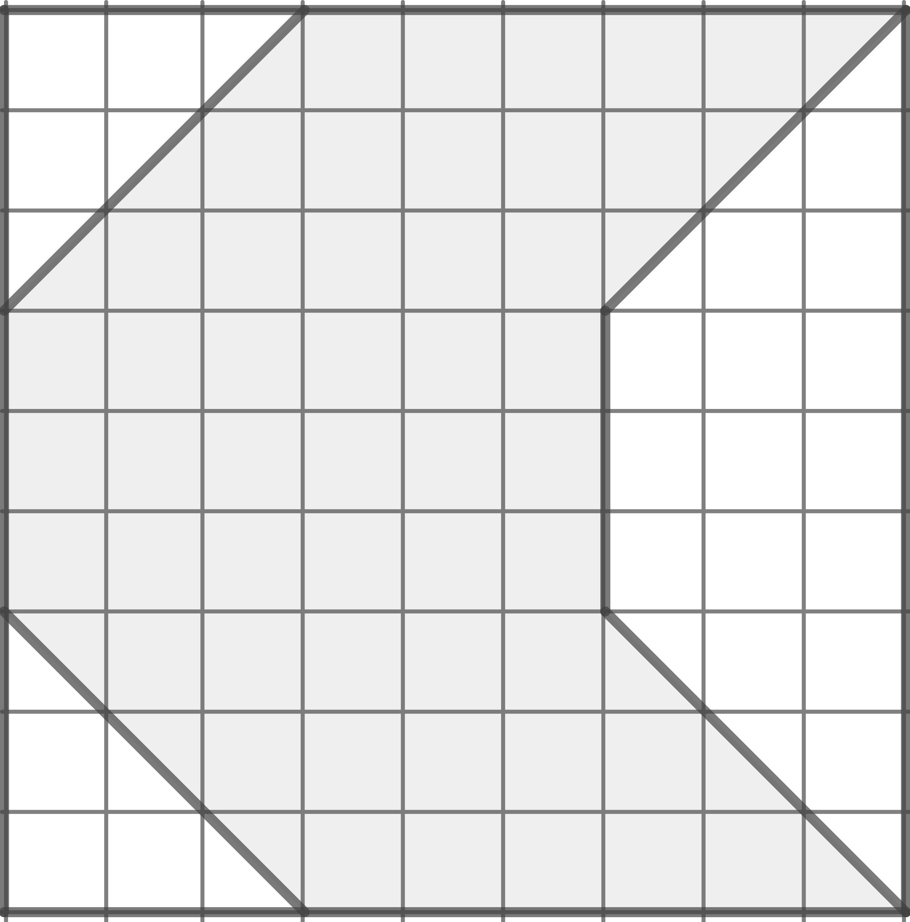 Ein Diagramm mit einem Gitter und diagonalen Linien, das verschiedene geometrische Formen darstellt.