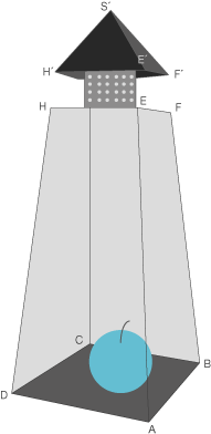 Grafik eines geometrischen Körpers mit einer Kegelspitze und einer Kugel im Inneren.