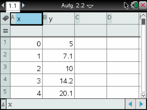 Tabelle mit Werten für x und y, dargestellt in einer grafischen Benutzeroberfläche.