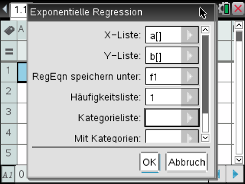 Dialogfeld zur exponentiellen Regression mit Eingabefeldern für X- und Y-Listen.