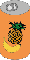 Bunte Getränkedose mit Ananas- und Bananenmotiven.